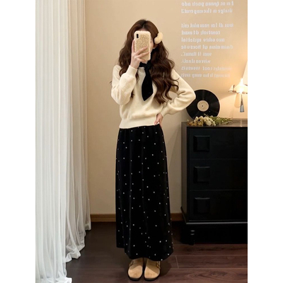 假两件毛衣+黑色波点长裙