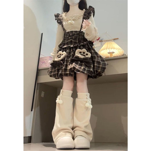 法式温柔甜妹可爱风木耳边长袖上衣衫+格纹花苞背带短裙两件套装