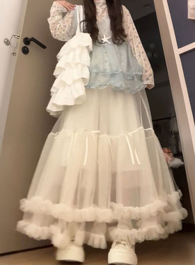法式温柔气质度假风蓝色花边背心+碎花打底+蝴蝶结蓬蓬裙三件套装