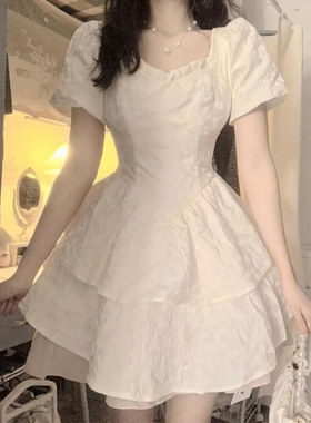 夏季学院风泡泡袖蝴蝶结绑带连衣裙女学生甜美收腰显瘦蓬蓬公主裙