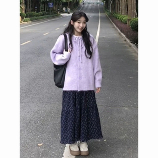 早秋一整套温柔甜美紫色系带针织毛衣开衫搭配碎花半身裙两件套装