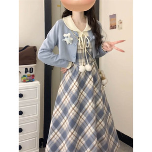 甜美温柔风一整套穿搭毛球假两件拼接花苞连衣裙女+短款百搭外套