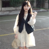 牛仔马甲背心 甜美可爱小个子绑带米白色连衣裙 两件套女秋季 新款