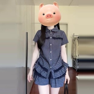 夏季 复古学院风拼接格纹短袖 花边衬衫 搭配高腰蛋糕短裙子两件套装