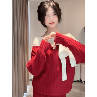 冬季 连衣裙 圣诞红色一字领露肩设计感针织毛衣短裙女跨年甜美长袖