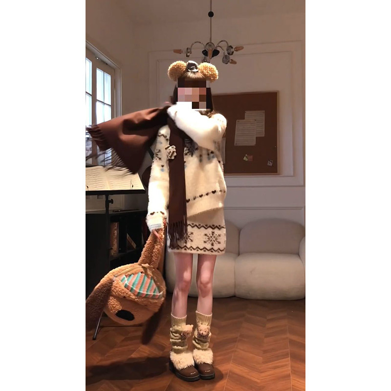 法式圣诞节甜妹费尔岛圆领针织毛衣搭配雪花包臀半身短裙两件套装