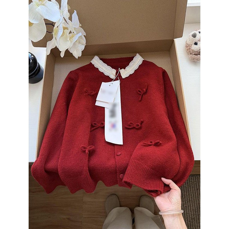 法式圣诞节温柔甜美红色针织毛衣开衫女款蝴蝶结设计时尚蕾丝外套,女装/女士精品,毛衣,淘宝优惠券,粉丝福利购,淘宝优惠卷