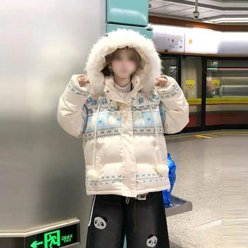 法式温柔甜妹氛围感费尔岛雪花兔子印花毛领连帽棉服加厚保暖外套,女装/女士精品,棉衣/棉服,淘宝优惠券,粉丝福利购,淘宝优惠卷