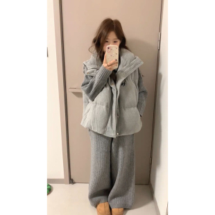 三件套装 韩式 阔腿长裤 灰色针织毛衣 日常慵懒风百搭马甲背心棉服