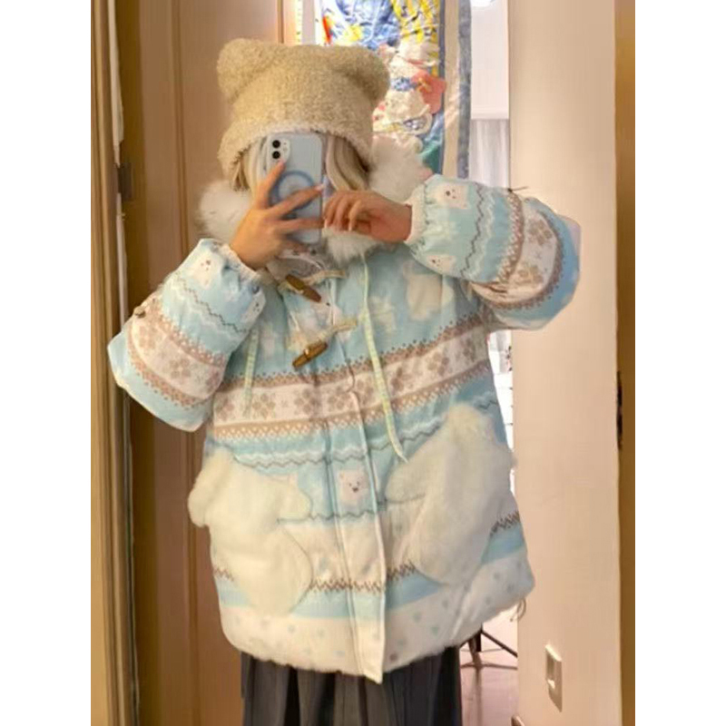 牛角扣毛领小熊耳朵连帽棉服