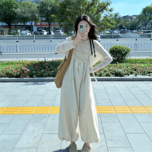 杏色打底长袖 连体长裤 上衣两件套穿搭 温柔慵懒风花苞长款 法式