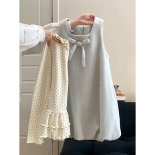 法式温柔少女学院风蝴蝶结背心花苞裙搭配波点打底上衣衫两件套装