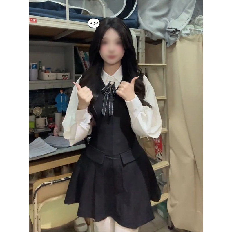 法式温柔气质学院氛围感黑色高腰背带连衣裙叠穿白色衬衫两件套装,女装/女士精品,时尚套装,淘宝优惠券,粉丝福利购,淘宝优惠卷