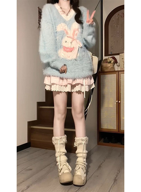 日系甜妹慵懒奶呼呼绑带兔子提花v领套头毛衣女学生软糯针织上衣