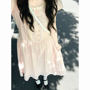 2025新款 连衣裙蕾丝气质绑带收腰显瘦a字裙 学院风粉色方口领短袖