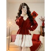 法式 温柔甜美风白色蛋糕半身短裙搭配假两件红色翻领毛衣两件套装