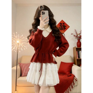 法式温柔甜美风白色蛋糕半身短裙搭配假两件红色翻领毛衣两件套装