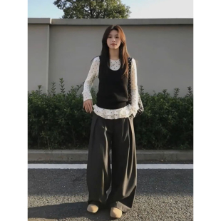 两件套装 衬衫 白色波点长袖 2026开春温柔甜美感黑色针织背心马甲