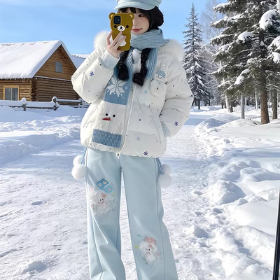 雪花满印毛领连帽棉服