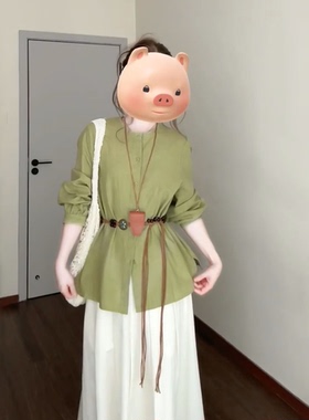 春季法式文艺风绿色圆领长袖衬衫搭配高腰显瘦半身a字裙两件套装