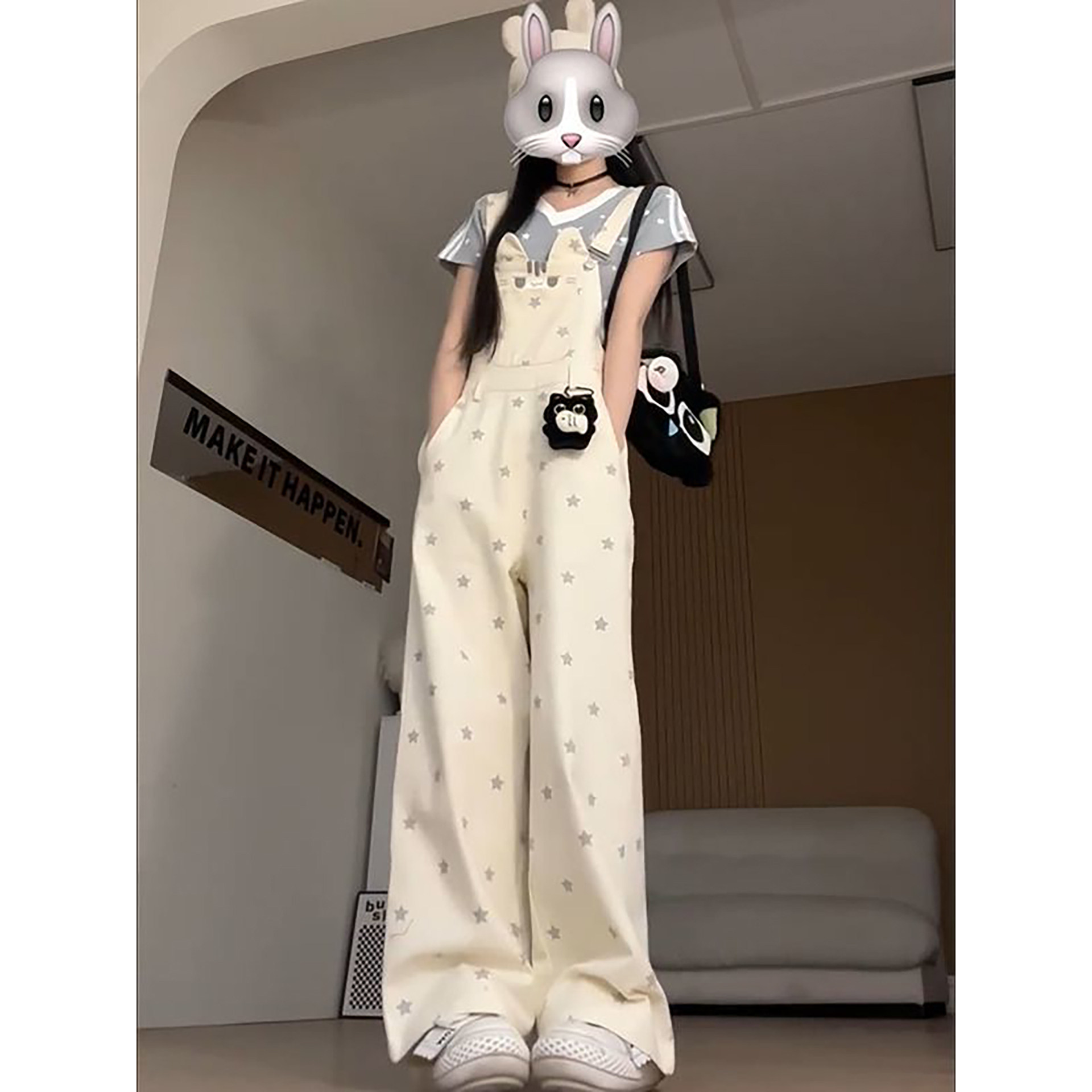 新款软萌学院风星星杏色宽松背带裤搭配波点短袖t恤上衣两件套装