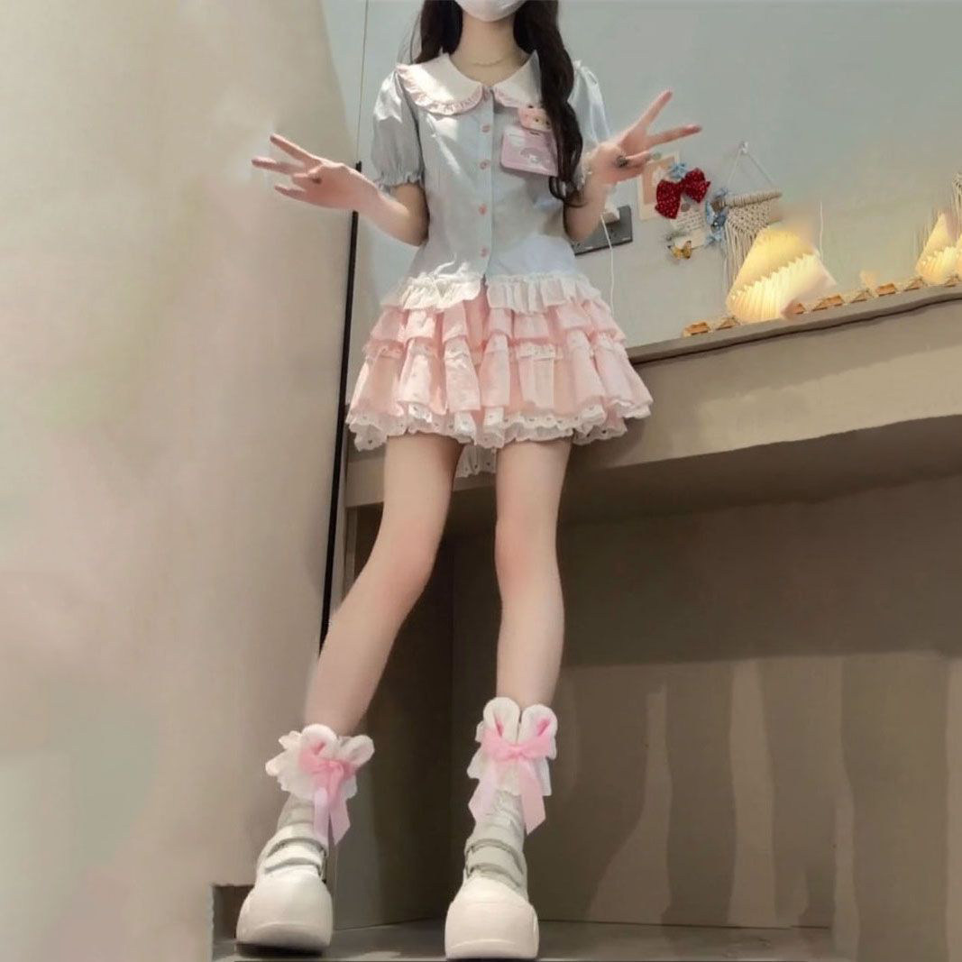 法式学院风小个子娃娃领蓝色衬衫搭配粉色超仙蓬蓬短裙女两件套装