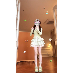 上衣搭配格子半身蛋糕裙两件套装 法式 温柔甜欲氛围感蕾丝绿色长袖