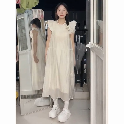 小飞袖木耳边杏色拼接连衣裙