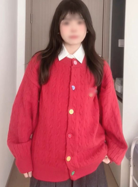 法式甜妹氛围感红色麻花针织毛衣开衫2026新年休闲风宽松长袖上衣