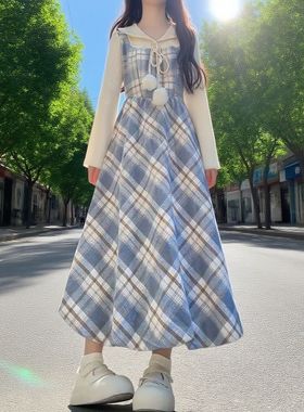 法式温柔气质风针织拼接假两件格纹长袖连衣裙秋冬收腰过膝中长裙