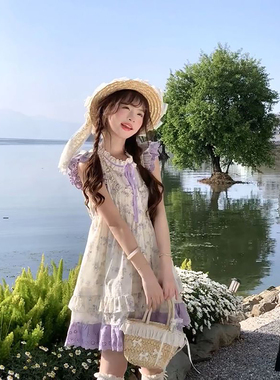 新款甜妹ootd少女风紫色韵味碎花飞飞袖蛋糕短裙浪漫氛围感连衣裙