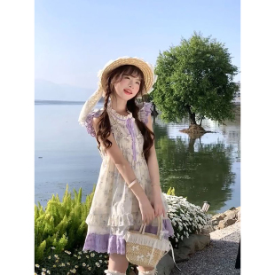 新款 蛋糕短裙浪漫氛围感连衣裙 甜妹ootd少女风紫色韵味碎花飞飞袖