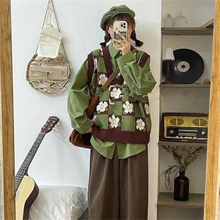 绿色衬衫 单件 女学生 学院风甜美日系格子叠穿马甲背心针织衫 套装