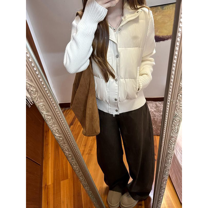 米白色拼接针织棉服外套