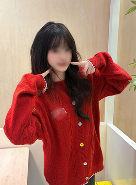韩系复古温柔高街红色针织毛衣开衫女春节款慵懒宽松休闲外穿外套
