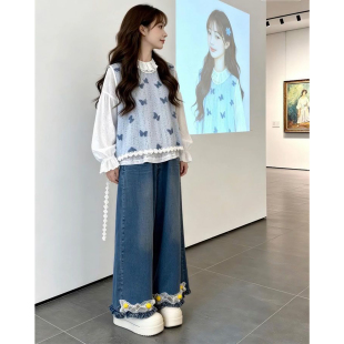 法式 温柔ins甜美感蓝色立体蝴蝶结马甲搭配蕾丝花边上衣两件套装