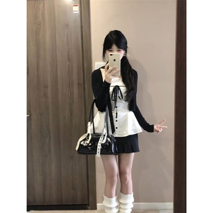 波点半身裙三件套装 法式 蕾丝吊带 开衫 温柔甜美风小个子黑色短款