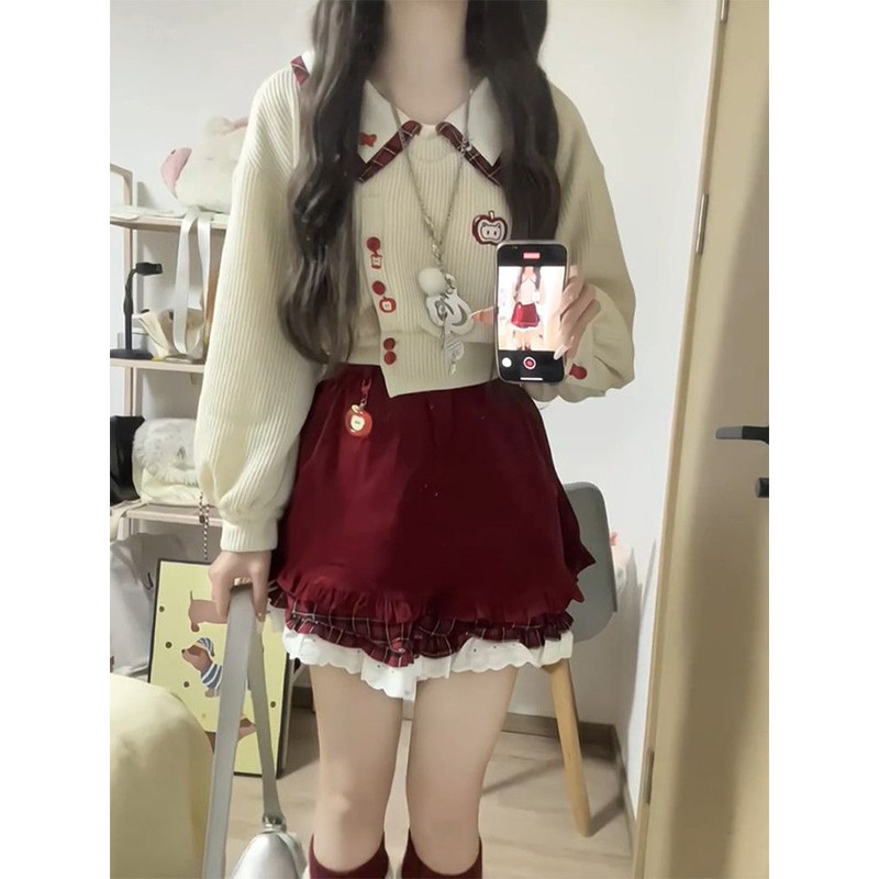 法式小个子甜妹学院风杏色拼接针织上衣衫搭配红色短裤裙两件套装,女装/女士精品,时尚套装,淘宝优惠券,粉丝福利购,淘宝优惠卷