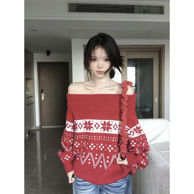 费尔岛红色提花一字领毛衣