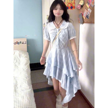 法式温柔风不规则娃娃领连衣裙女夏季小个子收腰显瘦蓬蓬公主短裙