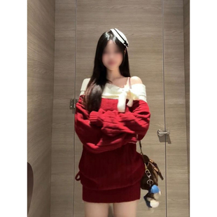 2026新年温柔红色一字肩蝴蝶结系带针织毛衣裙性感氛围感包臀短裙