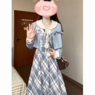 韩式温柔风格纹拼接假两件花苞连衣裙搭配蓝色短款外套两件套穿搭