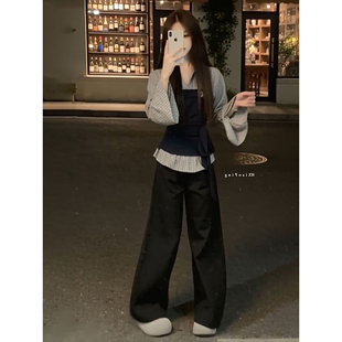 两件套装 宽松阔腿直筒裤 温柔气质感假两件格纹拼接上衣 2026新款