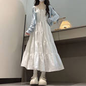 法系温柔甜美初恋感白色拼接吊带连衣裙搭配防晒针织开衫 两件套装
