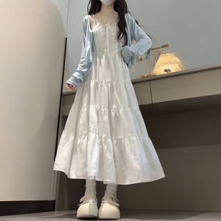 两件套装 法系温柔甜美初恋感白色拼接吊带连衣裙搭配防晒针织开衫