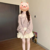 两件套装 高腰重工半身短裙 甜美气质紫色立体花朵飘带V领针织毛衣