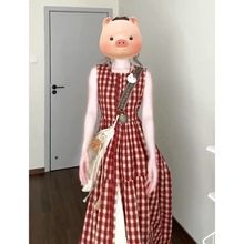 法式淑女风超仙红色格纹背心连衣裙女搭配收腰显瘦半身裙两件套装