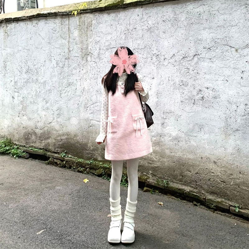 法式温柔甜妹少女感杏色爱心波点衬衫叠穿粉色毛呢背心裙两件套装,女装/女士精品,时尚套装,淘宝优惠券,粉丝福利购,淘宝优惠卷