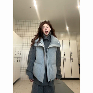 秋冬简约复古立领马甲加厚棉服外套搭配慵懒针织毛衣开衫两件套装