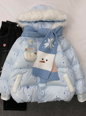 韩系氛围感ins风雪人毛领连帽棉服保暖宽松外套+蓝色雪人围巾穿搭
